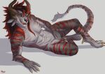  anthro charr claws digital_media_(artwork) felid feline guild_wars looking_at_viewer lying maaia male mammal muscular_body solo striped_body stripes tail_fur tail_tuft tuft video_games 