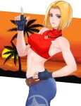  1girl baggy_pants bare_shoulders blonde_hair blue_mary crop_top fingerless_gloves gloves highres looking_at_viewer midriff navel pants sleeveless snk solo stomach straight_hair tank_top the_king_of_fighters the_king_of_fighters_xiv the_king_of_fighters_xv yukimune 