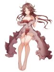  1girl absurdres add_leir animal_ears arknights arm_behind_back arm_up bangs bare_legs bare_shoulders barefoot breasts brown_hair cleavage closed_mouth collarbone eyebrows_visible_through_hair eyjafjalla_(arknights) full_body highres horns legs long_hair looking_at_viewer medium_breasts red_eyes red_swimsuit solo swimsuit white_background 