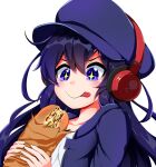  +_+ 1girl beret blush cheesestick chizuru_(super_ledgehop) hat headphones hitodama holding jacket kredorf long_hair purple_eyes simple_background smile solo super_ledgehop:_double_laser tongue white_background 