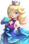  1girl alternate_costume blonde_hair breasts crown dress earrings elbow_gloves gloves gonzarez highres jewelry mario_(series) medium_breasts one_eye_covered rosalina simple_background solo star_(symbol) star_earrings super_mario_galaxy white_background 