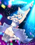  1girl :d absurdres animal_ear_fluff animal_ears arm_up armpits bangs blue_eyes blue_hair bow breasts cat_ears cat_girl frilled_footwear full_body gloves grey_legwear hair_between_eyes hair_bow hair_ornament highres holding holding_microphone idol index_finger_raised jumping medium_breasts microphone midriff music navel open_mouth shiny shiny_hair short_hair_with_long_locks short_shorts shorts sidelocks singing sinon_(sao-alo) smile solo stomach strapless sword_art_online thighhighs tu_tora2 twitter_username waist_cape white_gloves white_shorts x_hair_ornament yellow_bow zettai_ryouiki 