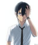  1boy absurdres ajiro_shinpei black_hair black_necktie blue_eyes hair_between_eyes hand_in_own_hair hand_up heterochromia highres kizu-kun male_focus necktie shirt short_sleeves solo summertime_render twitter_username upper_body watch white_background white_shirt wristwatch 