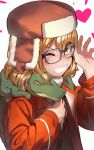  1girl animal_on_shoulder blonde_hair crocodile crocodilian fate/grand_order fate_(series) glasses grin hat heart highres monosenbei one_eye_closed paul_bunyan_(fate) sharp_teeth smile super_bunyan_(fate) teeth yellow_eyes 