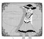  1girl :d arms_at_sides ascot bad_id bad_pixiv_id blouse character_name feet_out_of_frame flower frilled_shirt_collar frilled_skirt frills greyscale hair_between_eyes hat hat_flower highres inactive_account komeiji_koishi long_sleeves looking_at_viewer medium_hair monochrome one_eye_covered open_mouth safe3133 shirt skirt smile solo symbol-only_commentary third_eye touhou translated 