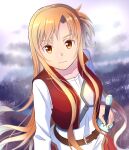  1girl asuna_(sao) brown_eyes brown_hair closed_mouth collarbone hair_intakes hand_on_hilt highres long_hair long_sleeves looking_at_viewer open_clothes open_vest pleated_skirt red_skirt red_vest sheath sheathed shiny shiny_hair shirt skirt solo sword sword_art_online sword_art_online_progressive tu_tora2 upper_body very_long_hair vest weapon white_shirt 