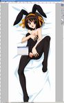  animal_ears brown_hair bunny_ears bunnysuit pantyhose pussy short_hair solo sugimura_tomokazu suzumiya_haruhi suzumiya_haruhi_no_yuuutsu work_in_progress 