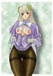 artist_request breasts capcom_fighting_jam gloves hairpods ingrid long_hair long_sleeves medium_breasts open_clothes open_shirt panties panties_under_pantyhose pantyhose red_eyes shirt skirt skirt_lift solo thigh_gap thighband_pantyhose underwear white_hair 