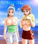  artist_request beach breasts day large_breasts lens_flare lifted_by_self multiple_girls nami_(one_piece) nefertari_vivi nipples no_bra one_piece outdoors shirt_lift shirt_pull 