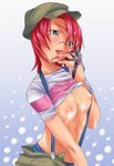  artist_request breasts cum glasses green_eyes hat juliet_nao_zhang medium_breasts my-otome nipples red_hair shirt shirt_lift short_hair solo striped striped_shirt suspenders 
