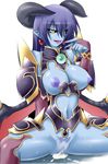  after_sex armor artist_request astaroth_(shinrabanshou) black_sclera blue_skin breasts cleavage_cutout cum cum_in_pussy highres kneehighs large_breasts pussy red_wings shinrabanshou socks solo wings 