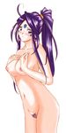  aa_megami-sama artist_request blush breasts censored colored_pubic_hair earrings facial_mark forehead_mark jewelry long_hair looking_at_viewer medium_breasts mosaic_censoring nipples nude older pubic_hair purple_hair skuld solo 