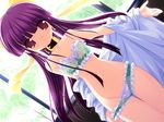  beta_(hajimete_ga_ippai) blush bow bow_bra bow_panties bra collar dutch_angle frilled_panties frills game_cg green_panties hajimete_ga_ippai lingerie long_hair long_sleeves open_clothes open_shirt panties panty_pull purple_eyes purple_hair red_eyes shirt solo thigh_gap underwear undressing 