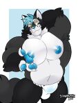  anthro asian_clothing big_pecs black_body black_fur blue_hair blue_nipples blue_nose blue_pawpads bulge canid canine canis clothed clothing east_asian_clothing fox fundoshi fur hair hi_res hybrid japanese_clothing male mammal muscular muscular_anthro muscular_male nipples pawpads pecs schwarzfox schwarzfox_(character) solo topless underwear wolf 