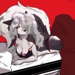  1:1 2022 5_fingers anthro areola bed bed_hair bedding black_nose breasts canid canid_demon cleavage clothed clothing demon exposed_breasts fangs female fingers fur furniture grey_body grey_fur grey_hair hair hair_over_eye half-closed_eyes hellhound helluva_boss hi_res long_hair looking_aside loona_(helluva_boss) mammal midriff multicolored_body multicolored_fur narrowed_eyes nipples one_eye_obstructed panties pillow red_sclera shinchiichu shirt solo tank_top topwear two_tone_body two_tone_fur underwear white_body white_eyes white_fur 