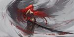  1girl absurdres aix-wxy alternate_costume ass back bad_link breasts covered_eyes elden_ring highres holding holding_sword holding_weapon long_hair looking_at_viewer malenia_blade_of_miquella red_hair simple_background smile solo sword very_long_hair weapon wings 