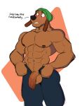  abs absurd_res anthro balls biceps blush bottomwear brown_body brown_fur canid canine canis clenched_teeth clothed clothing digital_media_(artwork) domestic_dog dough_(character) english_text floppy_ears fur genitals hat headgear headwear hi_res humanoid_genitalia humanoid_penis male mammal muscular muscular_anthro muscular_male nipples open_bottomwear open_clothing open_pants pants pecs penis randy_d_raccoon shirtless simple_background solo solo_focus surprised_expression teeth teeth_showing text 