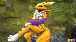  bandai_namco blue_eyes digimon digimon_(species) female fluffy forest hand_on_knee hand_on_leg hi_res looking_up plant renamon rock simplextree9 sitting smile solo tree 