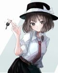  1girl bangs black_headwear bow brown_eyes collared_shirt commentary fedora hair_bow hat hat_bow highres key keyring looking_at_viewer minus_(sr_mineka) necktie puffy_short_sleeves puffy_sleeves red_necktie shirt short_hair short_sleeves smile solo touhou upper_body usami_renko white_bow white_shirt 