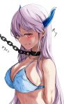  1girl absurdres arm_behind_back blue_bra blush bra breasts chain chain_leash chain_necklace chained cleavage collarbone eyebrows_visible_through_hair hair_behind_ear hair_ornament highres kinoshouta leash long_hair mato_seihei_no_slave no_shirt open_mouth red_eyes simple_background solo sweat teeth underwear uzen_kyouka white_background white_hair 