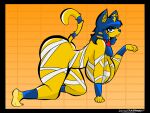  animal_crossing ankha_(animal_crossing) bandage big_breasts big_butt blue_hair breasts butt domestic_cat egyptian feet felid feline felis female fur hair hi_res jewelry lovelytrashpanda mammal nintendo pose soles solo thick_thighs video_games yellow_body yellow_fur 