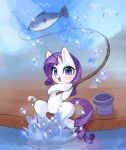 blue_eyes bucket choyamy container digital_media_(artwork) equid equine eyelashes eyeshadow feral fish fishing_rod friendship_is_magic hair hasbro hi_res horn looking_at_viewer makeup mammal marine my_little_pony open_mouth open_smile purple_hair purple_tail rarity_(mlp) signature sitting smile solo unicorn water white_body 