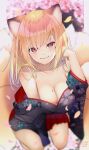  1girl animal_ears bangs bare_shoulders between_legs black_kimono blonde_hair blurry blurry_background breasts chita_(ketchup) cleavage closed_mouth depth_of_field eyebrows_visible_through_hair floral_print fox_ears fox_girl fox_tail hand_between_legs hand_in_own_hair hand_up highres japanese_clothes kimono long_hair medium_breasts mole mole_on_breast off_shoulder original petals pleated_skirt print_kimono red_eyes red_skirt seiza short_eyebrows signature sitting skirt smile solo tail thick_eyebrows 