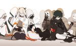  1boy 1girl 6+others absurdres ambiguous_gender animal_ears arknights armband black_gloves black_jacket black_legwear black_shirt coat cup ear_ornament ears_down faust_(arknights) five-fall frostnova_(arknights) gloves green_hair grey_hair grey_shirt hair_over_one_eye highres holding holding_cup jacket long_hair mask multiple_others open_clothes open_jacket pointy_ears rabbit_ears reunion_logo_(arknights) scar scar_on_face scar_on_nose shirt short_hair sidelocks sitting thighhighs white_coat 