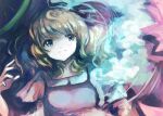  1girl absurdres bangs blonde_hair blue_eyes dress eyebrows_visible_through_hair highres looking_at_viewer maribel_hearn medium_hair minus_(sr_mineka) partially_submerged puffy_short_sleeves puffy_sleeves purple_dress ripples shirt short_sleeves smile solo touhou upper_body water wavy_hair white_shirt 