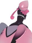  1girl absurdres back bare_shoulders black_skin colored_skin commentary from_behind from_below hat highres long_hair pink_hair pink_headwear pokemon pokemon_(creature) sidelocks simple_background solo tapu_lele tlqkf white_background white_bandeau 