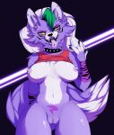  anthro big_breasts breasts canid canine canis clothing digital_media_(artwork) female female/female five_nights_at_freddy&#039;s five_nights_at_freddy&#039;s:_security_breach fur genitals green_hair hair hi_res looking_at_viewer mammal nipples nude open_mouth purple_body purple_fur pussy roxanne_wolf_(fnaf) scottgames simple_background smile solo thick_thighs tongue tongue_out vaginal video_games wide_hips wolf xintro 
