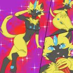  absurd_res anthro blue_body blue_eyes blue_fur bodily_fluids breasts felid feline female fur genitals hi_res knot legendary_pok&eacute;mon male male/female mammal nintendo pok&eacute;mon pok&eacute;mon_(species) pussy raised_tail solo star sucking tears video_games yellow_body yellow_fur zeraora 