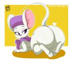  &lt;3 2022 all_fours anthro big_butt bottomless bottomless_anthro bottomless_female breasts butt clothed clothing disney don_bluth female fur half-closed_eyes hat headgear headwear hi_res looking_at_butt looking_back mammal miss_bianca_(the_rescuers) mostly_nude mouse murid murine narrowed_eyes nr_ac pupils purple_clothing purple_pupils raised_tail rodent scarf smile solo text the_rescuers_(disney) white_body white_fur 
