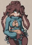  alien anthro breasts brown_body chest_tuft cleavage cleavage_cutout clothed clothing female firekitty fur lagomorph lepi leporid looking_at_viewer lop_(star_wars_visions) mammal rabbit simple_background solo star_wars star_wars_visions sweater tan_body tan_fur teal_eyes topwear tuft 