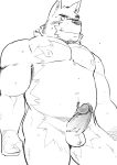  2022 anthro balls blush canid canine canis chubby_male domestic_dog erection genitals hi_res humanoid_genitalia humanoid_hands humanoid_penis kemono male mammal nipples penis simple_background sketch solo ujishiyo 
