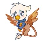  avian beak blue_eyes blush brown_body brown_feathers chibi clothing feathers feral gryphon hoodie long_tail male mythological_avian mythology shy simple_background smile spread_wings sweater topwear white_background white_body white_feathers wings yokokinawa 