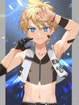  1boy absurdres bangs bare_shoulders blonde_hair blue_eyes bracelet closed_mouth commentary_request facial_mark hair_between_eyes highres jewelry kagamine_len looking_at_viewer male_focus midriff_peek multiple_rings navel oppai_ojiichan ring see-through_shirt short_hair smile solo ultimate_asuka upper_body vocaloid 