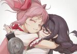  2girls 3050973685 akemi_homura back_bow bangs black_hair black_hairband black_shirt bow braid closed_eyes dress eyebrows_visible_through_hair face-to-face glasses hair_bow hairband heads_together highres hug kaname_madoka long_hair long_sleeves magical_girl mahou_shoujo_madoka_magica medium_hair multiple_girls parted_lips pink_hair puffy_short_sleeves puffy_sleeves red-framed_eyewear red_bow semi-rimless_eyewear shield shirt short_sleeves short_twintails sidelocks smile soul_gem teeth twin_braids twintails under-rim_eyewear vest white_vest younger yuri 