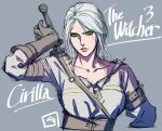  1girl breasts character_name ciri collarbone copyright_name gloves green_eyes kurita_shin&#039;ichi lips looking_at_viewer scar scar_on_face shirt simple_background solo sword the_witcher_(series) the_witcher_3 weapon white_hair white_shirt 
