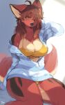  anthro big_breasts breasts brown_hair canid canine clothed clothing female fox franchesca_(garasaki) fur hair hi_res kemono mammal red_body red_fur solo suurin_2 yellow_eyes 