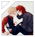  2boys bakugou_katsuki black_jacket black_pants black_vest blonde_hair blue_necktie boku_no_hero_academia border cai_(caiirocai) collared_shirt commentary_request eye_contact floral_print formal grey_background hand_on_another&#039;s_face jacket kirishima_eijirou long_sleeves looking_at_another male_focus multiple_boys necktie official_alternate_costume open_mouth pants red_eyes red_hair red_shirt rose_print shirt short_hair simple_background sitting spiked_hair suit vest white_border 