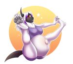  4_toes absol anthro bindweed_(artist) blush border breasts clothed clothing exercise exercise_clothing feet female gemma_sol gradient_background hand_on_foot highlights_(coloring) horn leotard looking_at_viewer navel neck_tuft nintendo outie_navel pawpads paws pok&eacute;mon pok&eacute;mon_(species) pregnant pregnant_female purple_clothing purple_leotard raised_leg simple_background sitting smile solo teeth toes tuft video_games white_border wide_legged_boat_pose yoga 