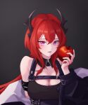  1girl absurdres apple arknights armlet bangs bare_shoulders black_background black_coat black_dress breasts buckle cleavage coat detached_collar dress eyebrows_visible_through_hair food fruit gradient gradient_background highres hn_(user_swrw7824) holding holding_food holding_fruit horns infection_monitor_(arknights) large_breasts long_hair long_sleeves looking_at_viewer open_clothes open_coat open_mouth purple_eyes red_hair slit_pupils solo surtr_(arknights) underbust upper_body 