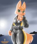  anthro blush breasts canid canine clothed clothing diane_foxington digital_media_(artwork) dreamworks female fox fur green_eyes hi_res looking_at_viewer mammal orange_body orange_fur rubber rubber_clothing rubber_suit simple_background smile solo tasticstarlight the_bad_guys tight_clothing 