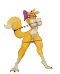  absurd_res anthro bandai_namco big_breasts breasts canid canine digimon digimon_(species) female fur genitals goldmikun hi_res mammal pussy renamon smile solo white_body white_fur yellow_body yellow_fur 