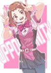  1girl arms_up belt blush boku_no_hero_academia bow bowtie bracelet brown_eyes dress highres jewelry looking_at_viewer open_mouth pantyhose pink_background shinonome_mozuku short_sleeves simple_background smile solo uraraka_ochako v white_background 