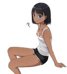  1girl ? bad_leg black_hair black_shorts blue_eyes breasts cleavage dark-skinned_female dark_skin highres invisible_chair kakukau kofune_mio shirt short_hair short_shorts shorts simple_background sitting small_breasts solo summertime_render tan tanlines white_background white_shirt 