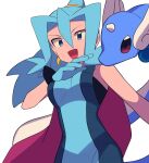  1girl :d blue_bodysuit blue_eyes blue_gloves blue_hair bodysuit breasts cape clair_(pokemon) commentary_request dragonair earrings eyelashes gloves hand_up highres jewelry long_hair open_mouth pokemon pokemon_(creature) pokemon_(game) pokemon_hgss ponytail simple_background smile tongue tooth_earrings two-tone_bodysuit tyako_089 white_background 