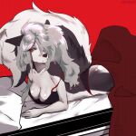  1:1 2022 5_fingers anthro bed bed_hair bedding black_nose breasts canid canid_demon cleavage clothed clothing demon fangs female fingers fur furniture grey_body grey_fur grey_hair hair hair_over_eye half-closed_eyes hellhound helluva_boss hi_res long_hair looking_aside loona_(helluva_boss) mammal midriff multicolored_body multicolored_fur narrowed_eyes one_eye_obstructed panties pillow red_sclera shinchiichu shirt solo tank_top topwear two_tone_body two_tone_fur underwear white_body white_eyes white_fur 