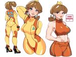  1girl abs arm_over_shoulder arm_up bangs blue_eyes breasts brown_hair character_sheet closed_mouth cosplay crop_top crown earrings flower_earrings hands_on_hips high_heels highres hip_focus jewelry kamira_naito large_breasts lipstick looking_at_viewer looking_away makeup mario_(series) medium_hair metroid metroid_suit open_mouth pantyhose parted_hair ponytail princess_daisy samus_aran samus_aran_(cosplay) simple_background smile super_mario_land super_smash_bros. thighs white_background wii_fit_trainer wii_fit_trainer_(female) wii_fit_trainer_(female)_(cosplay) 